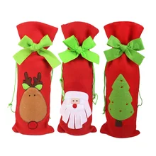 3pcs Christmas Santa / Deer / Tree Pattern Drawstring Wine Bottle Bag Gift Pouch Wrap Dinner Table Decoration Home Party Decor