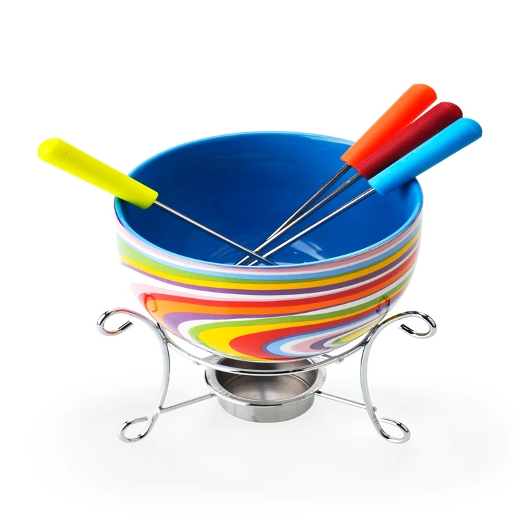 Unique Products Mini Ceramic Fondue Set Seramic Bowl With Stainless Steel Stand and Candle Cup and 4pcs Forksand Metal Tray