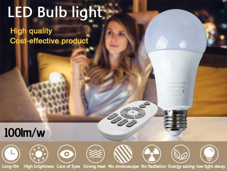 2.4G RF Remote Control Standard A60 A65 Led Bulb CE ROHS EMC Factory Wholesale Wireless Dimmable 3W 5W 7W 9W 12W 15W E27 B22