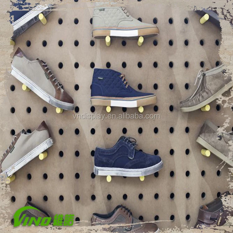 High quality Pins wood board, wood wall shelf, wooden pegboard wall decoration for sport socks or man suit fixture store