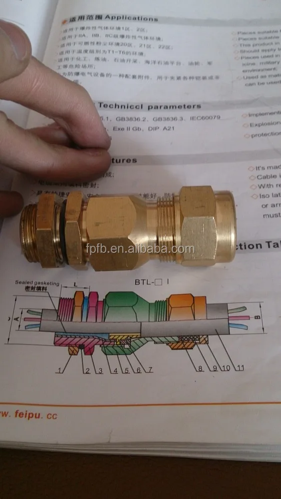 BTL series ExdIIC IP66  Explosion proof brass armoured cable gland with high quality