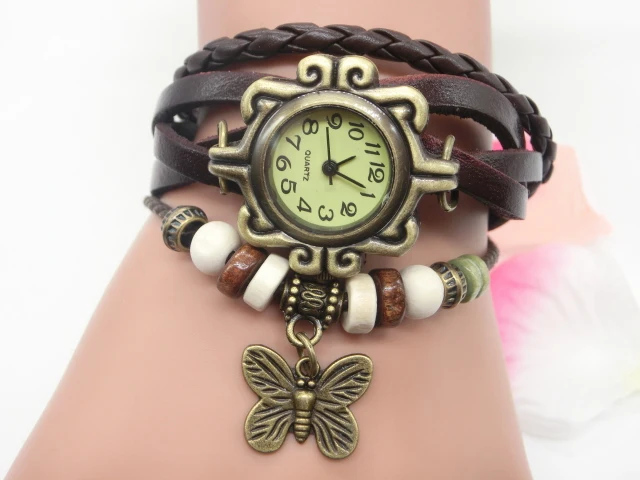 Wholesale Handmade Wrap Leather Braided Bead Wood Rope Bracelet Men Women Bracelet Butterfly Charm Watch