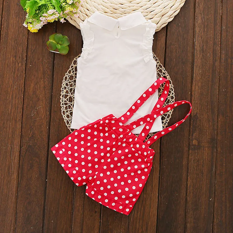 2022 Wholesale custom cotton new born baby summer clothes sets shirts and overalls suit for girls dots printing sets