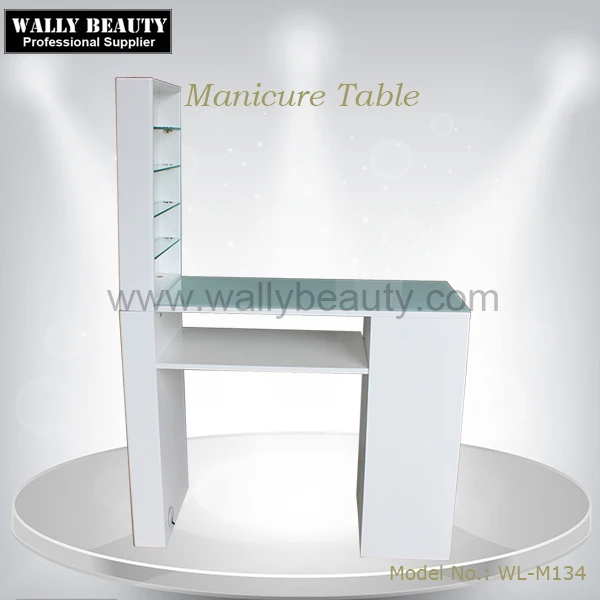 Wallybeauty Modern Glass Top Nail Table White Manicure with Display Shelf