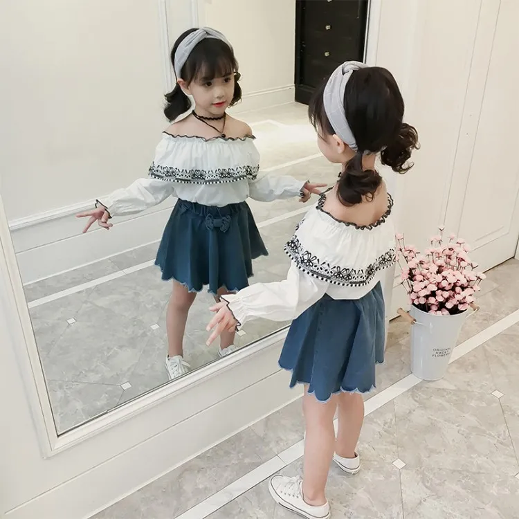 Hao Baby Girls Spring Shoulder Shirt Bust Bull-puncher Skirt Outfit Wholesale Children Clothing