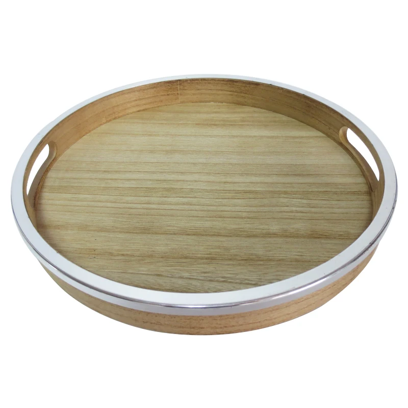 Europe Style Simple Round Steel Edge Wood Serving Tray
