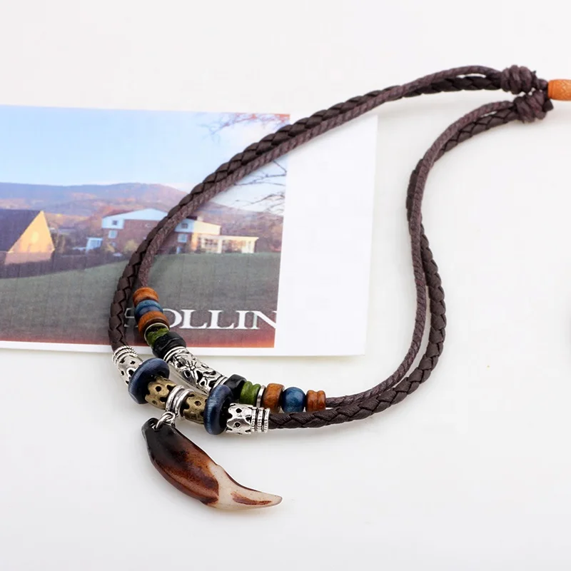 Vintage Ethnic Tribal Style Animal Tooth Shape Pendant Multiple Leather Choker Necklace Jewelry