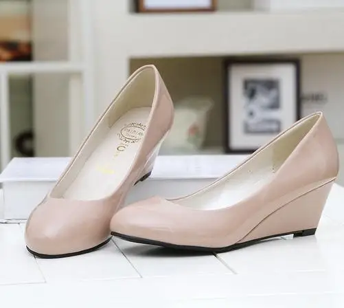 2015 Latest design korean style candy color women shoes round toe high wedge heel fancy formal ladies work shoes