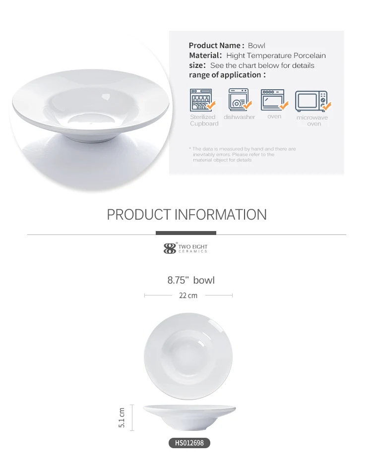 Manufacturer Wholesale Low Price Hotel Restaurant White 8.75 Inch Ceramic Porcelain Pasta Bowl>