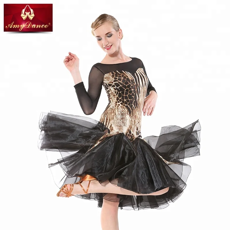 
Hight end fluffy organza hem female women professional latin training dance wear dresses with BRA pads include latin dance costume 
