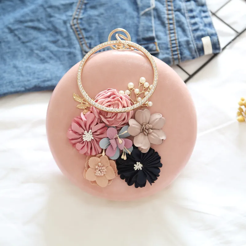 Flower Embroidery Handmade Beaded Chain Oblate Shape Women Cosmetic Handbag Round Rhinestone Clutch Bag Lady Evening Bag