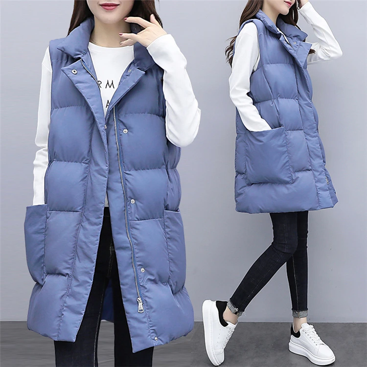 Wholesale Fashionable Spring Sleeveless Puffer Jackets Women Cotton Padded Winter Gilets Vests Long Plus Size XXL Pocket