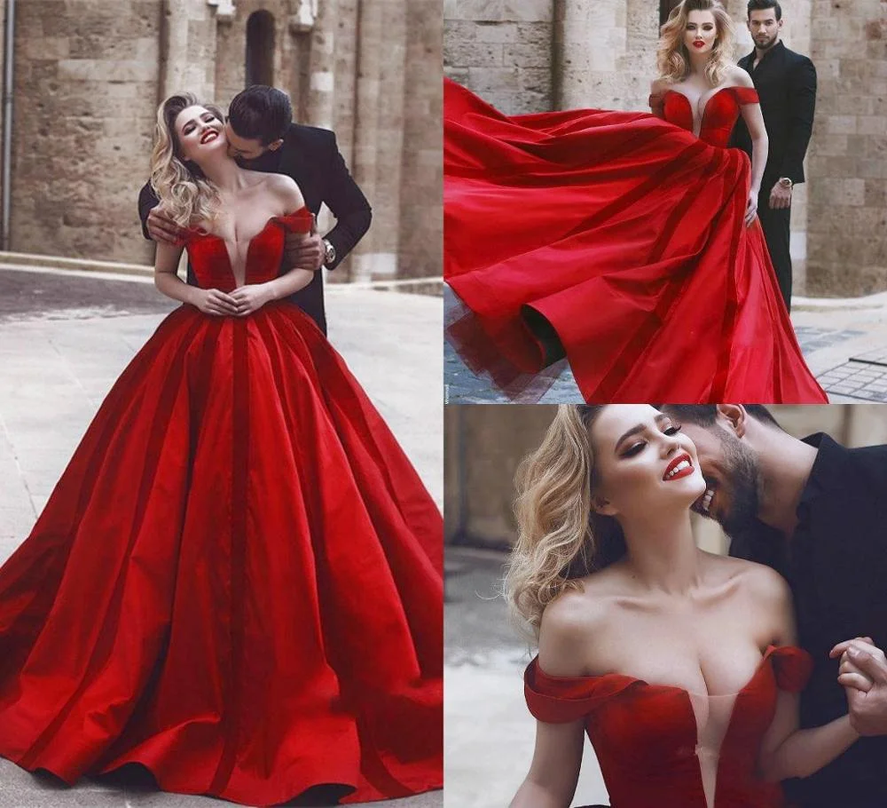 Ukraine Sexy Custom Red Satin Bridal Ball Gown Wedding Dress