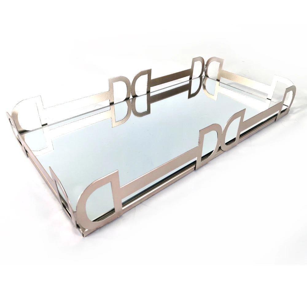 100% handmade rectangle rose gold mirror glass metal serving tray with handles for home decor and hotel