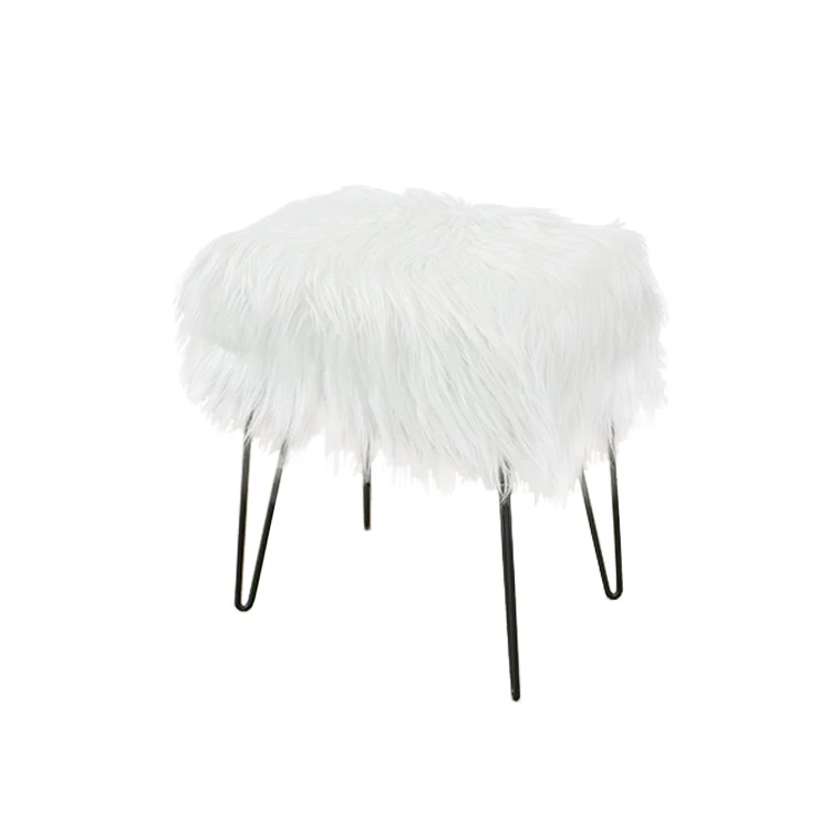 ODM&OEM Hot Sale Bedroom Vanity Stool Modern Decorative White Square Faux Fur Stools With Metal Legs