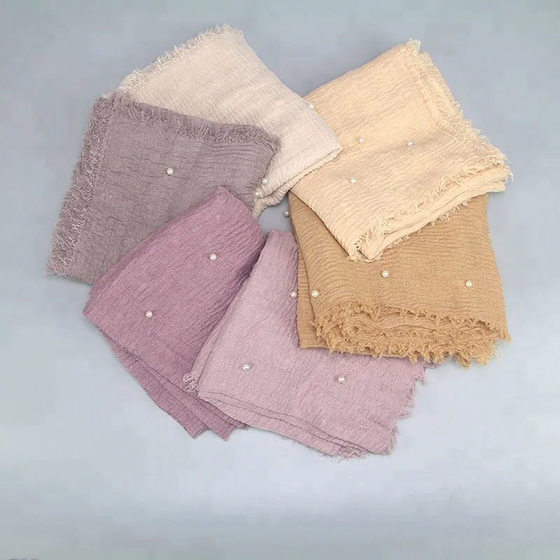 Hot Sale Dubai Pure Color Crinkle Tassels Muslim Scarf Women Hijab