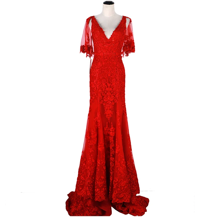 
2019 Short sleeve Palace wedding dress Elegant temperament Cotta Tail lace Bridesmaid Dresses red v-neck Bride robe evening wear 