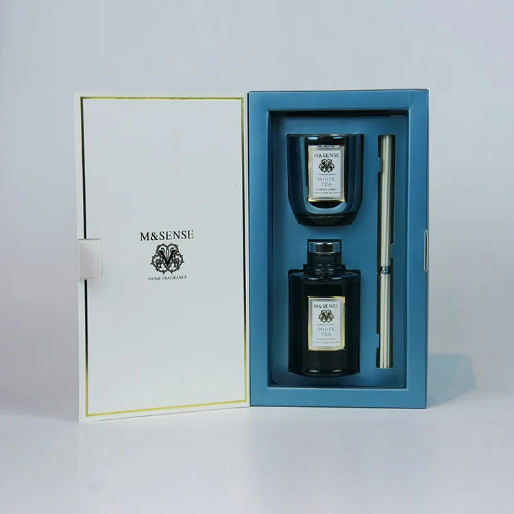 M&sense Giftset White Tea 150g Scented Candle 180 Ml Candle Jar Gold Glass Essential Oil Diffuser