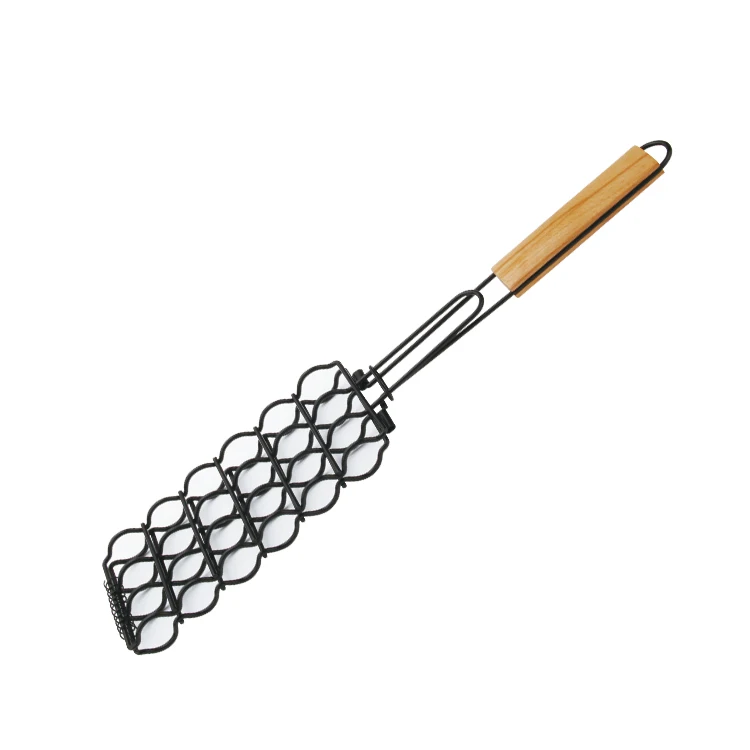 Non-Stick Coating Sausage BBQ Grill Basket With Beech Handle