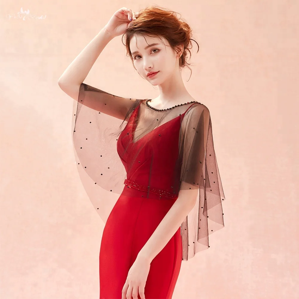 LZP275 Real Pictures Sexy Black Tulle Bridal Bolero Woman Boat Neckline Illusion Wedding Shawl