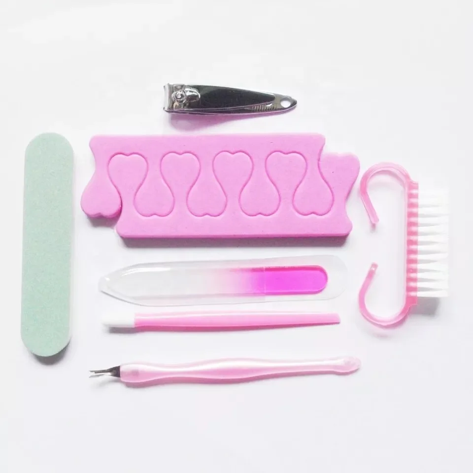 Promotional Disposable Manicure Nail Care Tool Gift Kit of Crystal Nail Polish File Emery Board Brush Toe Separator Nail Clipper