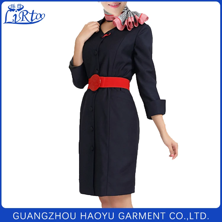 
Hot selling black air hostess uniform ladies beautiful dress with air hostess scarf 