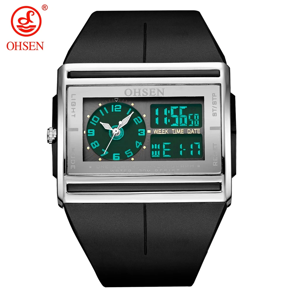 Наручные часы OHSEN, AD0518 Мужские кварцевые часы с подсветкой с двойным цифровым люминесцентные стрелки наручные часы