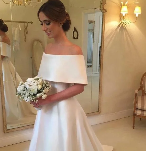 Simple Off Shoulder Satin A line Wedding Dress 2019