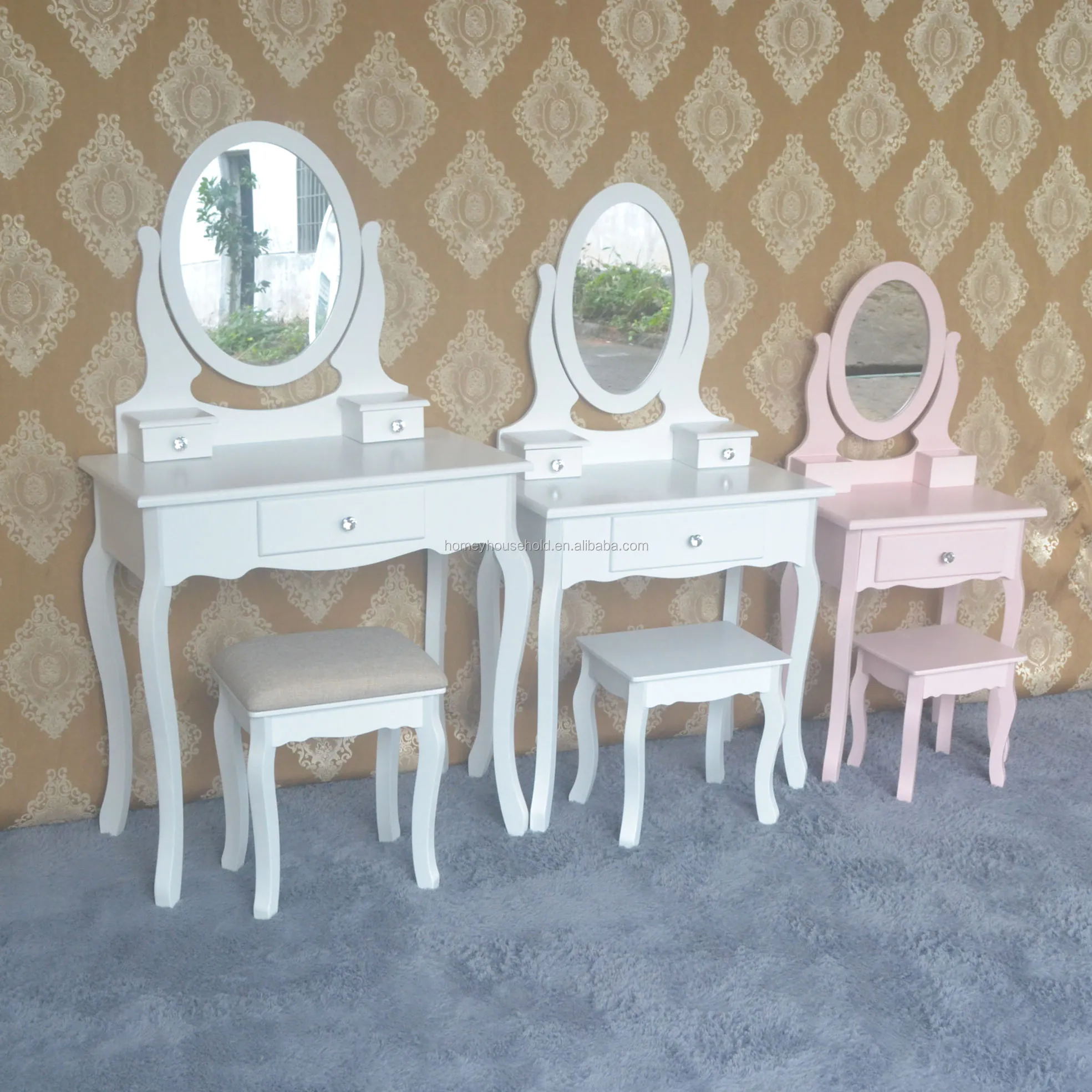 
Wooden Bedroom Furniture Makeup Vanity Desk LED Lighted Mirror Princess Dressing Table Set 
