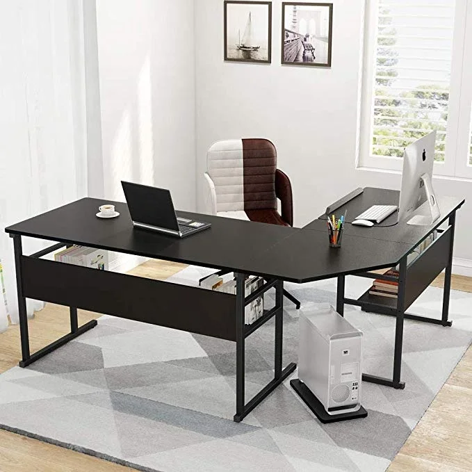 Modern L-Shaped Desk with Bookshelf Home Workstation Desk Long Corner Game Table Monitor Stand Modern Wooden Computer Table