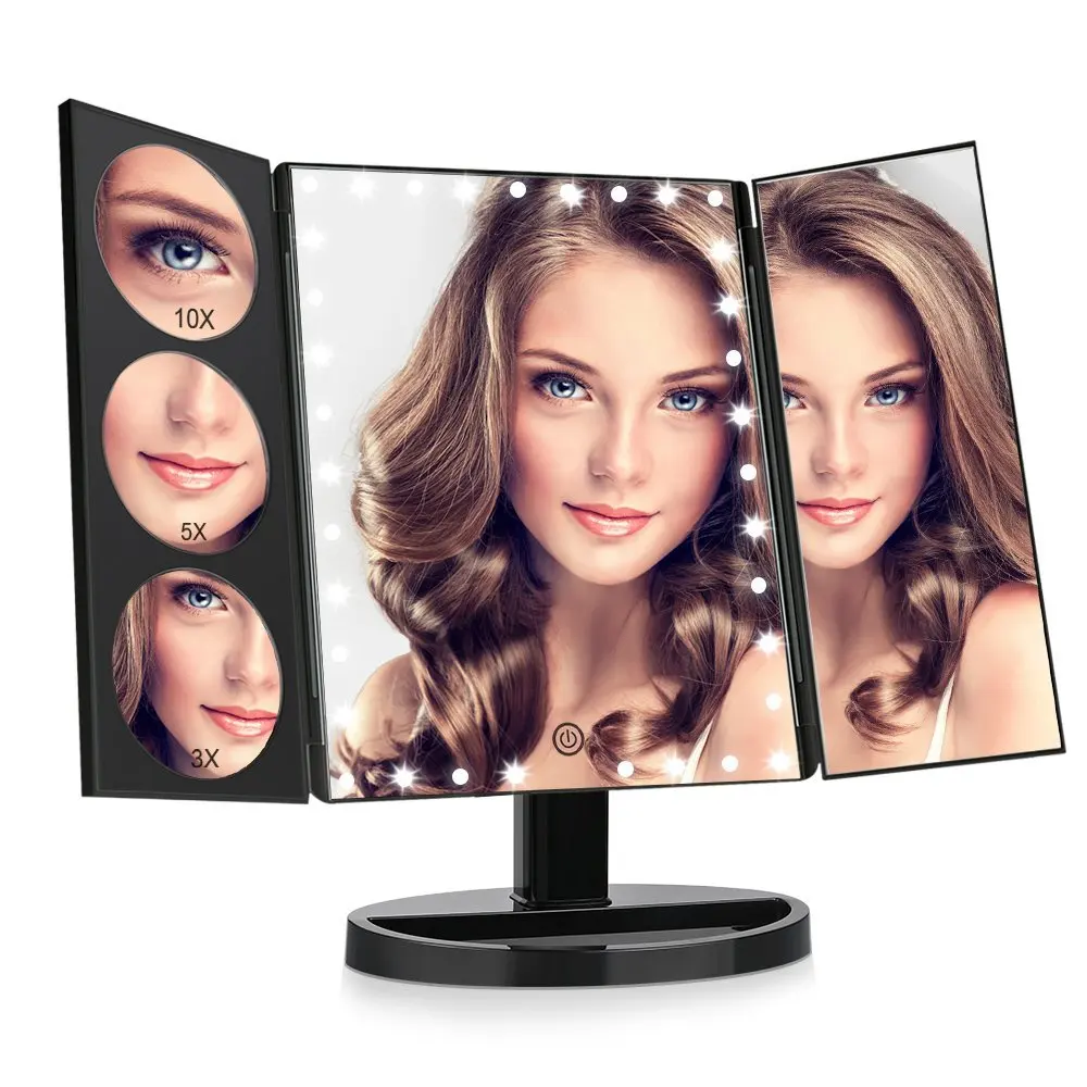 Brand Beauty Tri-fold LED Lighted Mirror with 10X/5X/3X/1X Magnifying Plastic Table Mirror