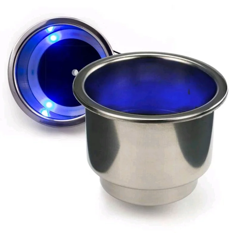 Foyo RV Camper Blue LED Lighted Stainless Steel Recessed Boat Drinker Cup Holder for Marine