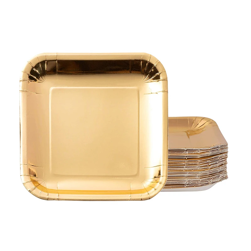 Wholesale New Hot Sell Disposable 250gsm  9 inch Square Gold Foil Paper Plates