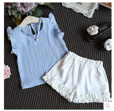 Hot selling girls baby suit summer solid color children air fly sleeves shorts two-piece suit