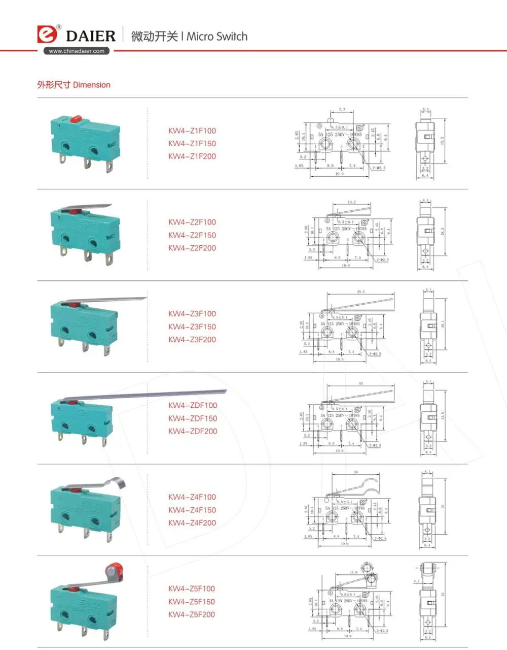 Miniature Solder Terminal Long Lever Micro Switch 10A 250V T85