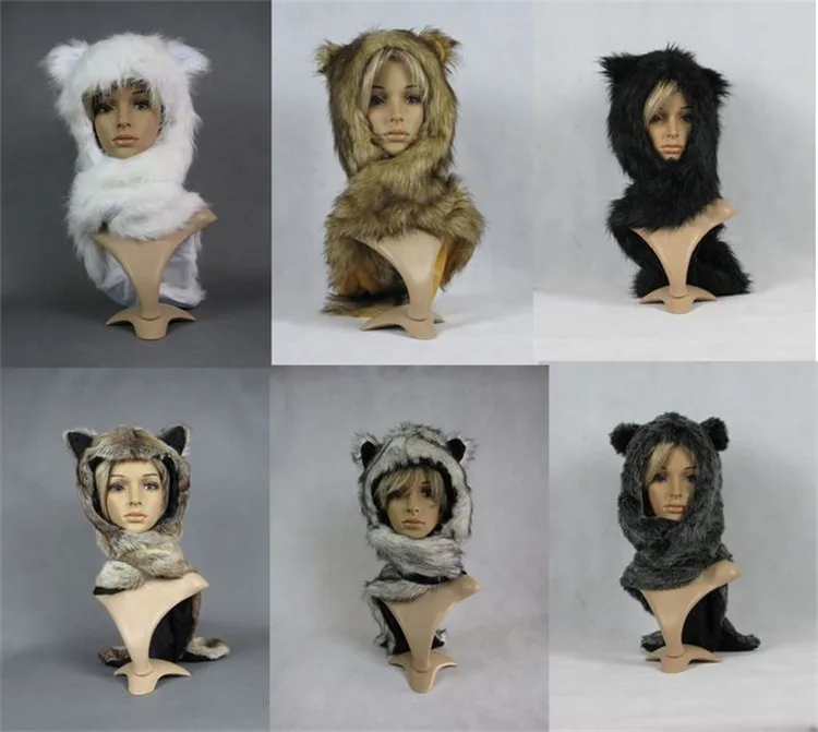 Fur Hood Hat with Ears Handmade Sewed faux plush scarf hat