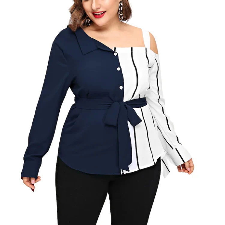 Wholesale Plus size Women Blouse  Fashion Casual Long Sleeve Lapel Vertical striped  Blouse