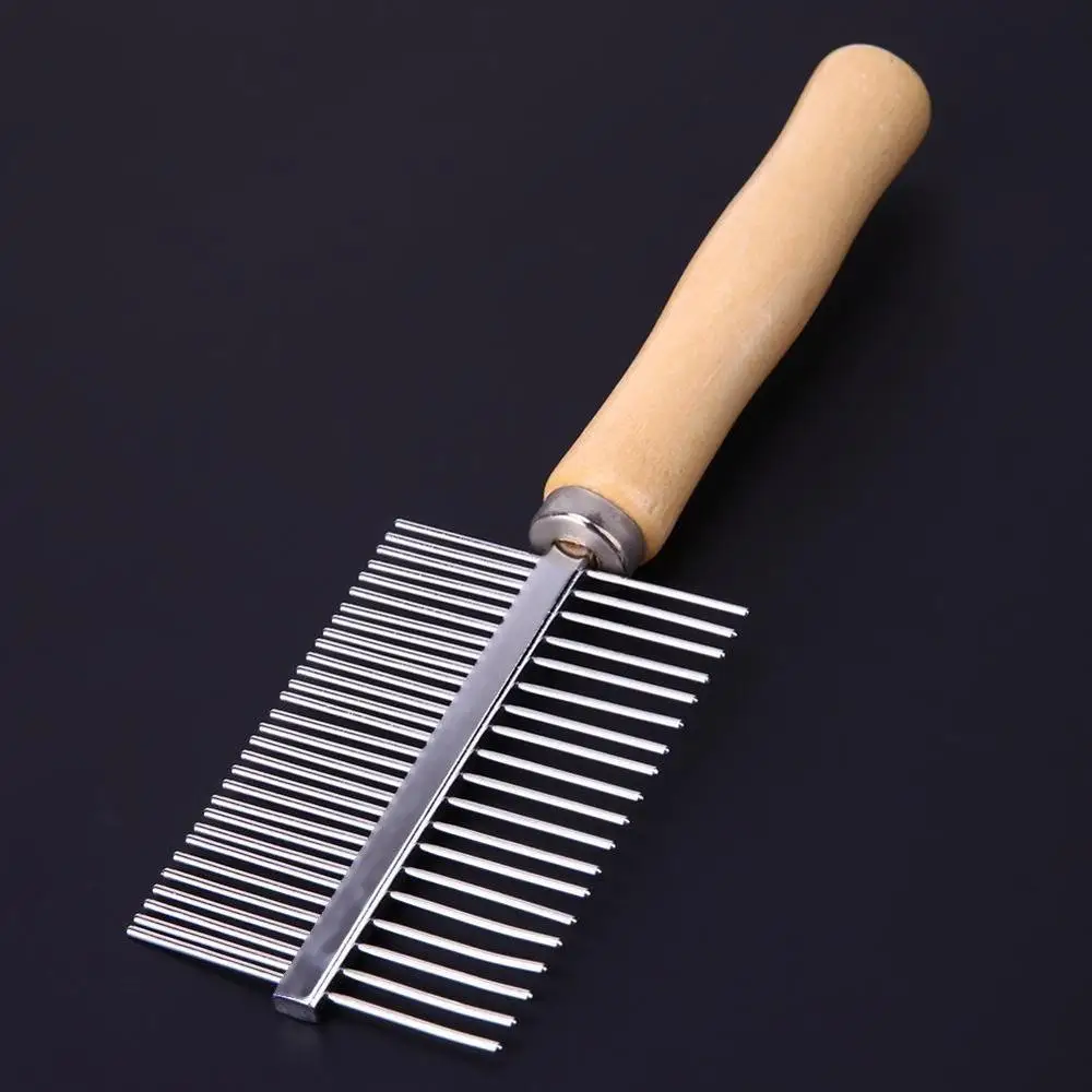 Pet Dog Cat Grooming Hair Comb Rake Double Side Metal Row Teeth Wood Handle