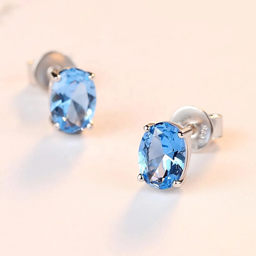 CZCITY Real 925 Sterling Silver Sky Blue Color Topaz Earrings Oval Shape Studs for Ladies Elegant Gemstone Jewelry