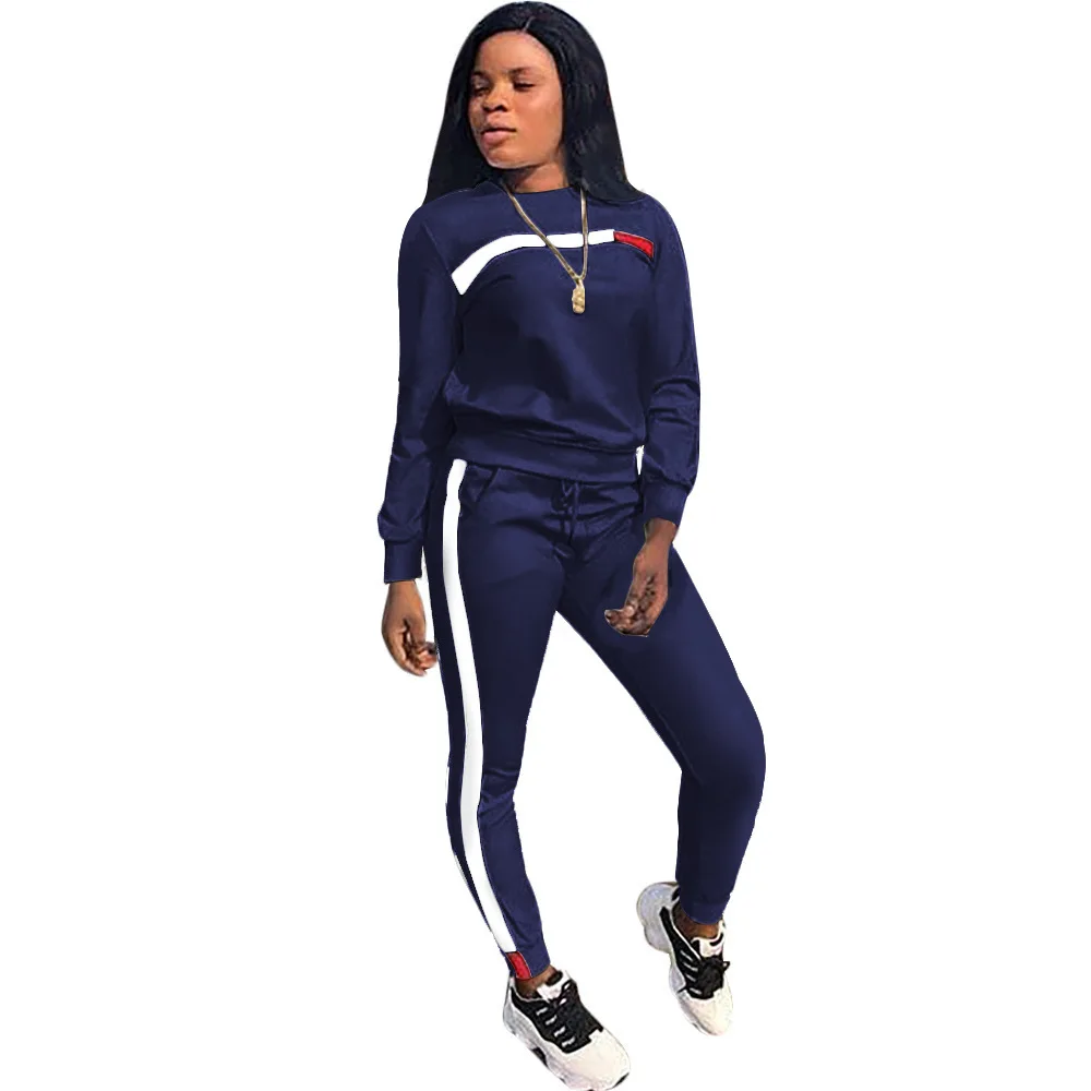 
2021 New Arrivals Fashion Women Casual O-Neck Long Sleeve Sweater Tops long Pants Front Side Striped 2 Piece Set Tracksuit 