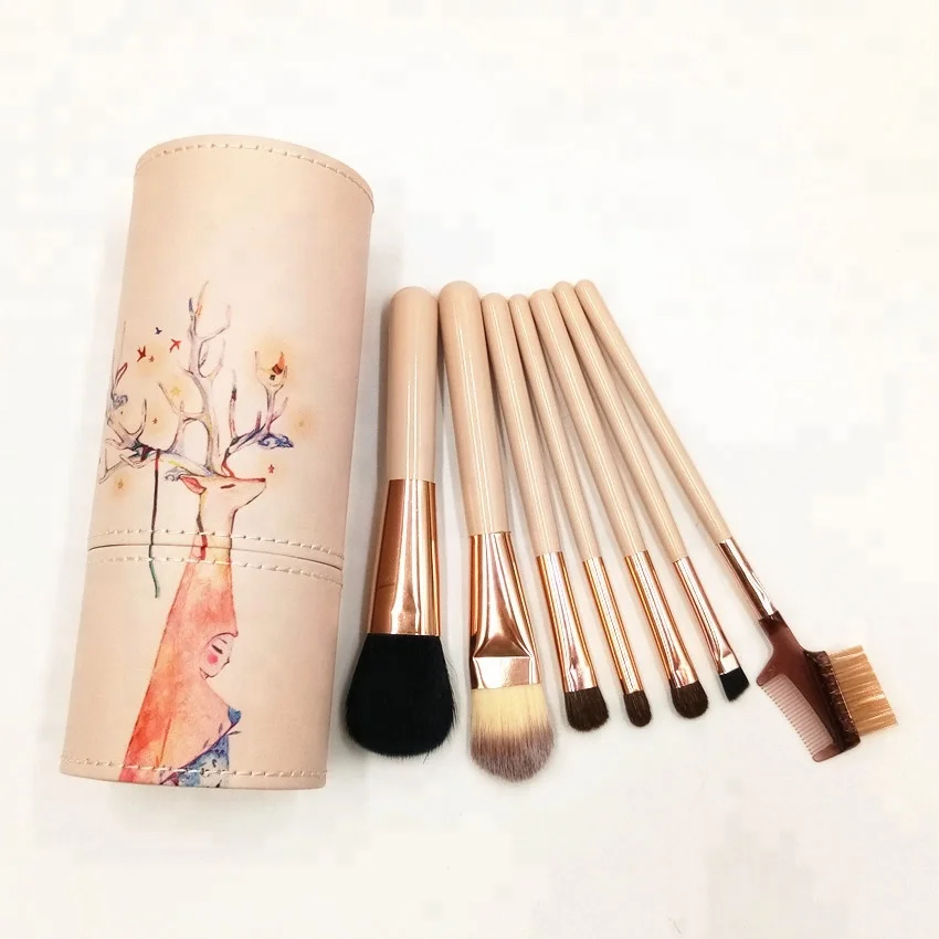 Deer Cosmetic Makeup Brush Kit 7PCS Leather Barrel Set