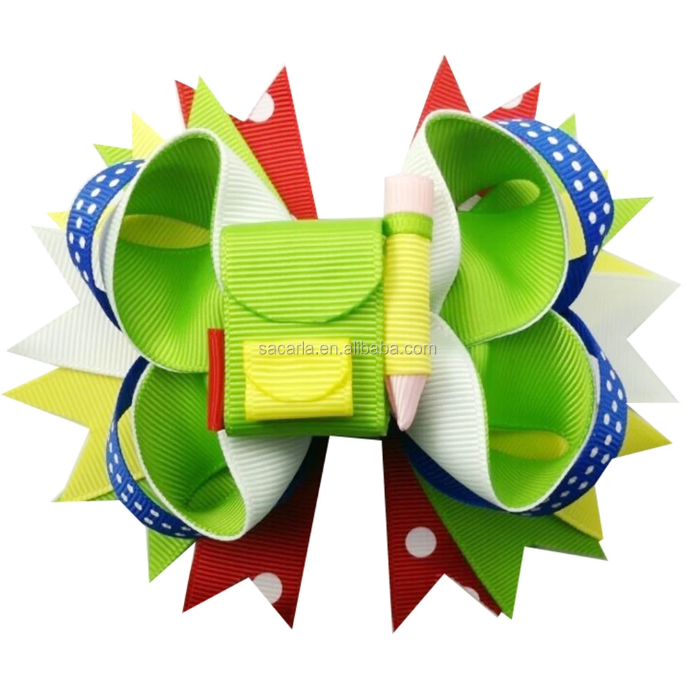 Pre made 5 inch shcool bow with schoolbag layers colorful hair bow for student girls