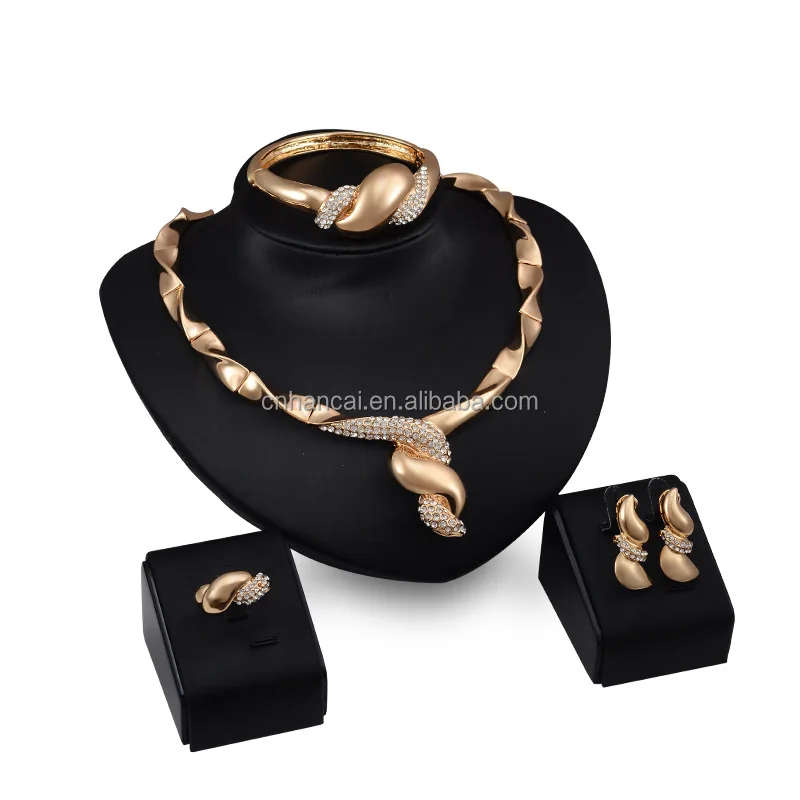 Simple Crystal Ball Bridal Jewelry Sets Dubai Gold Color Plated fashion Wedding Jewelry Necklace Bracelet Earrings Ring Sets