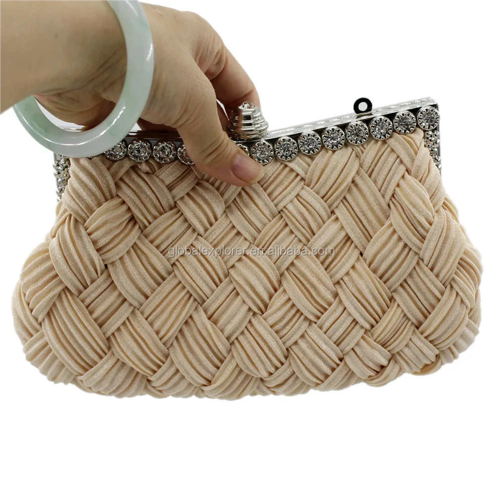 
classic satin pleated women evening clutch bag with metal frame 