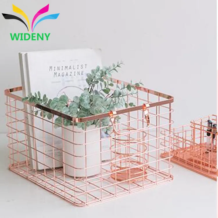 Красивый дизайн, сетчатый Настольный органайзер из металлической проволоки цвета розового золота для ноутбука, корзина для хранения