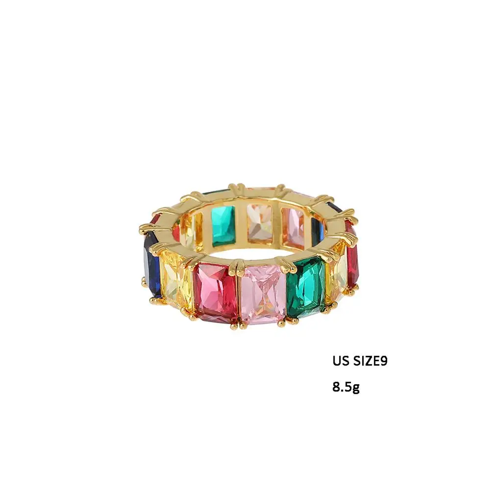 High Quality CZ Rainbow Baguette Ring Zirconia Diamond Ring Gold Plated Women Men Rappers Jewelry