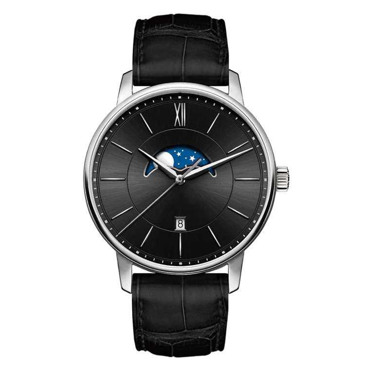Custom Logo Elegant Stainless Steel Moon Phase Watches for Men Western Style Luxury Relojes Wrist Watch