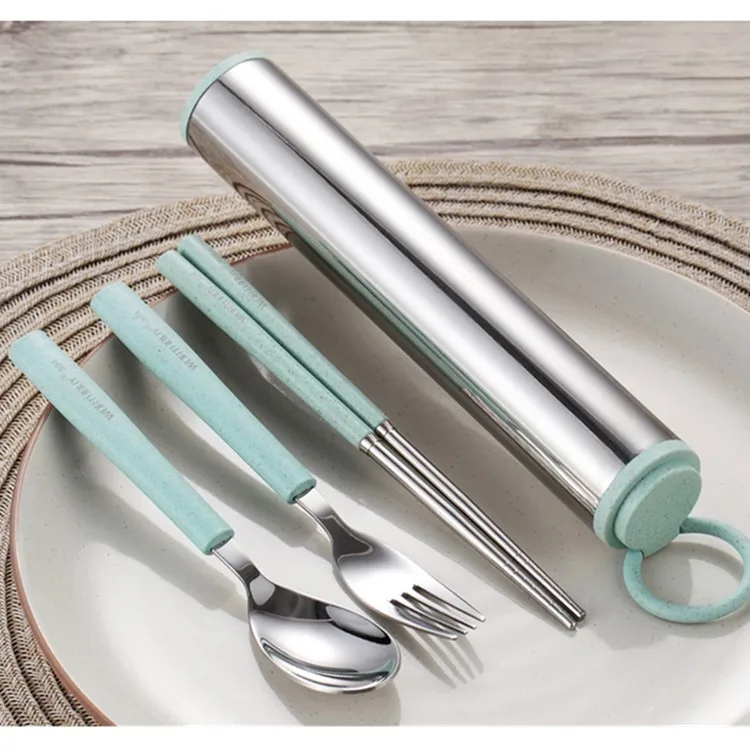 
Eco Friendly Cute Portable Cutlery Box Wheat Straw 304 Stainless Steel Spoon Fork Cutlery Set 