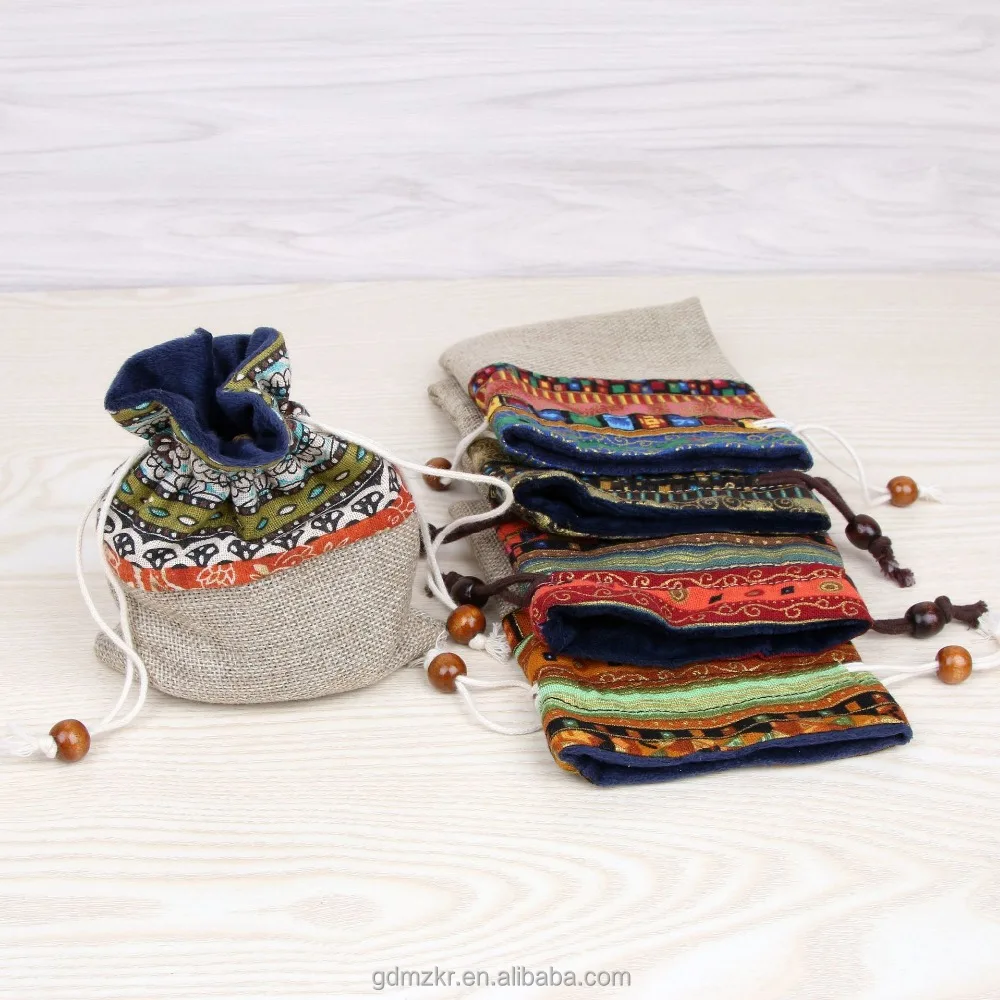 custom creative split joint cotton linen bag hemp drawstring pouch bag