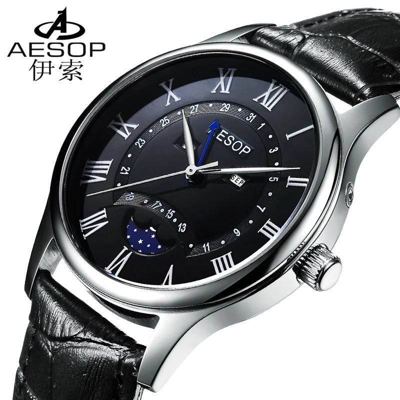 Aesop Fashion Men Sapphire Crystal Moon Phase Leather strap Male watches